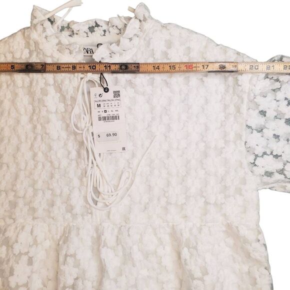 Zara Flower Lace Textured Long Sleeve Babydoll Mini Dress Size M - Picture 10 of 13